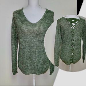 Women's Green Sweater lace up back chunky knit v neck size small SO